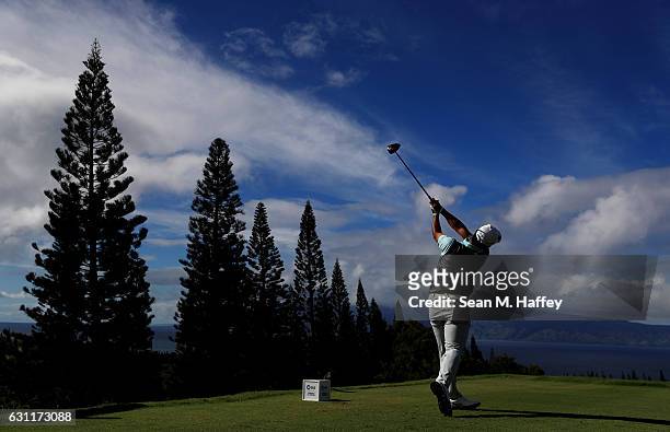 Hideki Matsuyama of Japan plays his shot from the 18th tee during the third round of the SBS Tournament of Champions at the Plantation Course at...