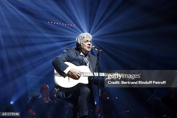 Singer Enrico Macias performs at L'Olympia on January 7, 2017 in Paris, France.