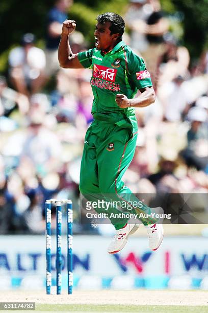Rubel Hossain of Bangladesh celebrates a LBW to dismiss James Neesham of New Zealand during the third Twenty20 International match between New...