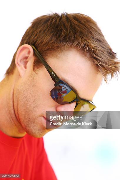 Australian tennis player John Peers signs autographs at Memorial Drive Tennis court during the 2017 World Tennis Challenge Kids Day on January 8,...
