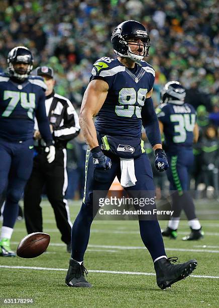 Jimmy Graham of the Seattle Seahawks reacts during the second half against the Detroit Lions in the NFC Wild Card game at CenturyLink Field on...