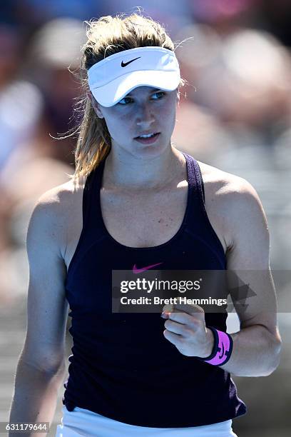 Eugenie Bouchard of Canada celebrates after winning a point in her first round match against Shuai Zhang of China during the 2017 Sydney...