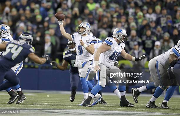 Quarterback Matthew Stafford of the Detroit Lions passes against the Seattle Seahawks in the NFC Wild Card game at CenturyLink Field on January 7,...