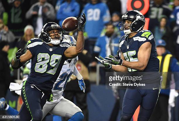 Doug Baldwin of the Seattle Seahawks scores a 13-yard touchdown during the fourth quarter against the Detroit Lions in the NFC Wild Card game at...