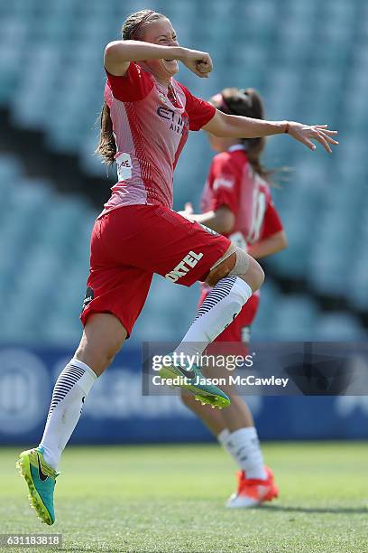 Amy Jackson of Melbourne City celebrates a goal during the round 11 W-League match between Sydney FC and Melbourne City FC at Allianz Stadium on...