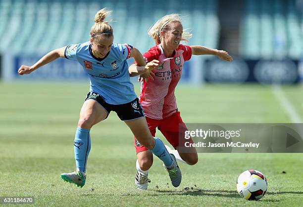 Georgia Yeoman-Dale of Sydney is challenged by Aivi Luik of Melbourne City during the round 11 W-League match between Sydney FC and Melbourne City FC...