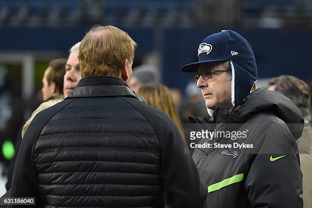 National Football League commissioner Roger Goodell talks with Seattle Seahawks owner Paul Allen before the NFC Wild Card game against the Detroit...