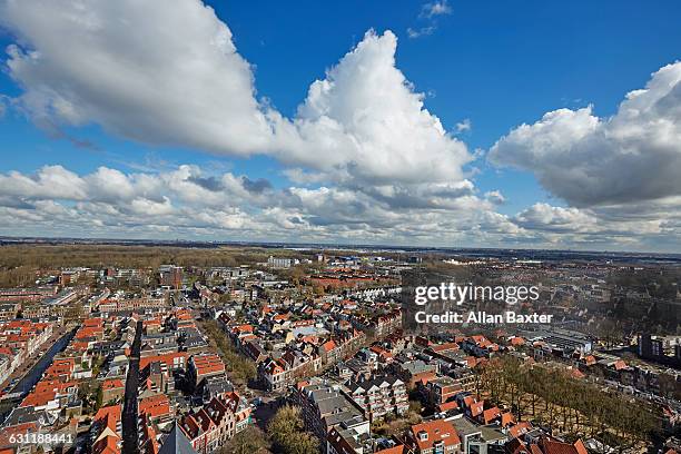 aerial skyline of delft under blue skies - rotterdam skyline stock pictures, royalty-free photos & images