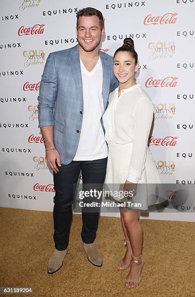 Aly Raisman and Colton Underwood arrive at the Gold Meets Golden event held at Equinox on January 7, 2017 in Los Angeles, California.