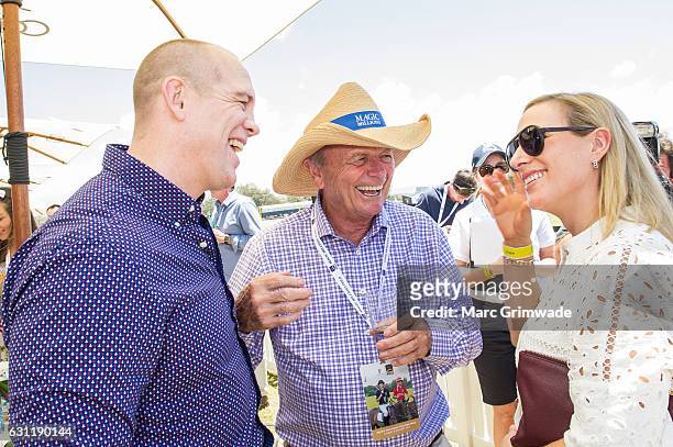 Mike Tindall and Gerry Harvey and Zara Phillips attend Magic Millions Polo at Doug Jennings Park on January 8, 2017 in Gold Coast, Australia.
