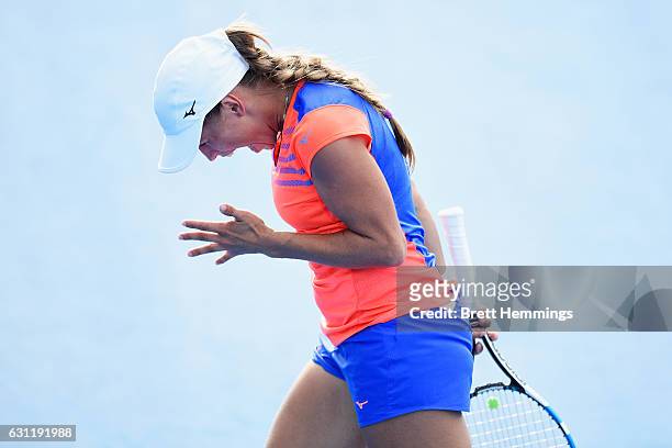 Yulia Putintseva of Kazakhstan reacts after loosing a point in her first round match against Belinda Bencic of Switzerland during the 2017 Sydney...