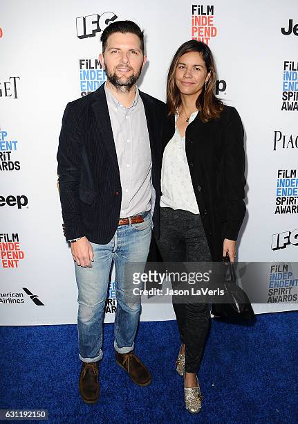 Actor Adam Scott and wife Naomi Scott attend the 2017 Film Independent filmmaker grant and Spirit Award nominees brunch at BOA Steakhouse on January...