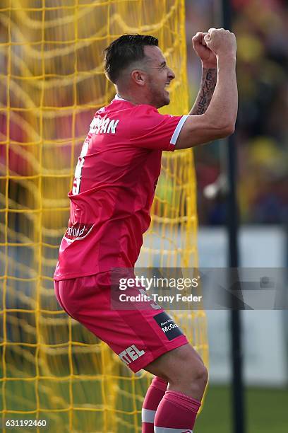 Roy O'Donovan of the Mariners celebrates a goal during the round 14 A-League match between the Central Coast Mariners and Sydney FC at Central Coast...