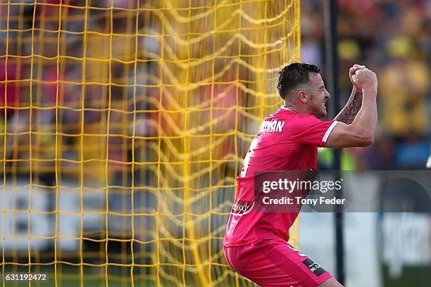 Roy O'Donovan of the Mariners celebrates a goal during the round 14 A-League match between the Central Coast Mariners and Sydney FC at Central Coast...