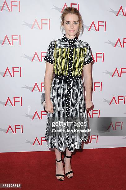 Actress Claire Foy arrives at the 17th Annual AFI Awards at Four Seasons Hotel Los Angeles at Beverly Hills on January 6, 2017 in Los Angeles,...