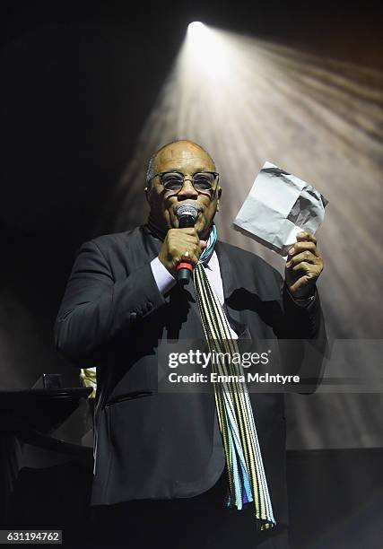 Record producer Quincy Jones speaks onstage during The Art of Elysium presents Stevie Wonder's HEAVEN - Celebrating the 10th Anniversary at Red...