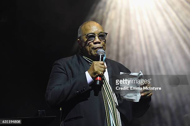 Record producer Quincy Jones speaks onstage during The Art of Elysium presents Stevie Wonder's HEAVEN - Celebrating the 10th Anniversary at Red...
