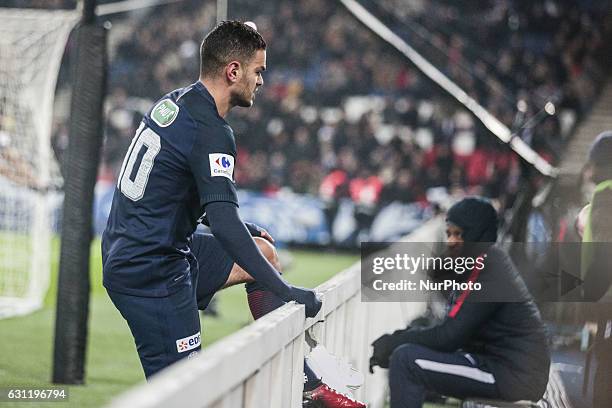 Paris Saint-Germain's Hatem Ben Arfa kicks a pannel during the French Cup football match between Paris-saint-Germain and Bastia at the Parc des...