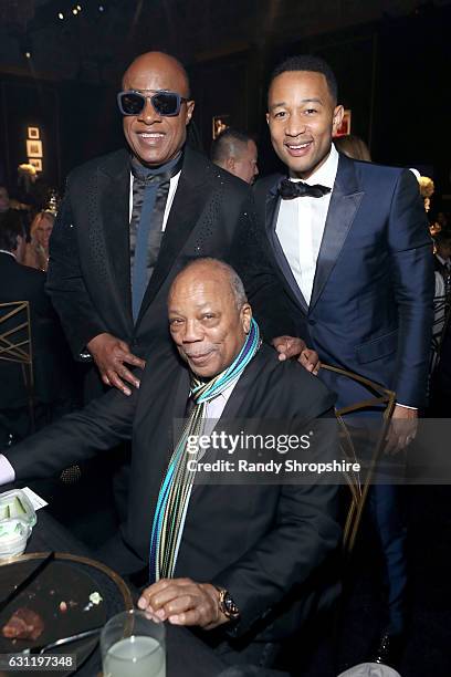 Musician Stevie Wonder, record producer Quincy Jones and singer-songwriter John Legend attend The Art of Elysium presents Stevie Wonder's HEAVEN -...
