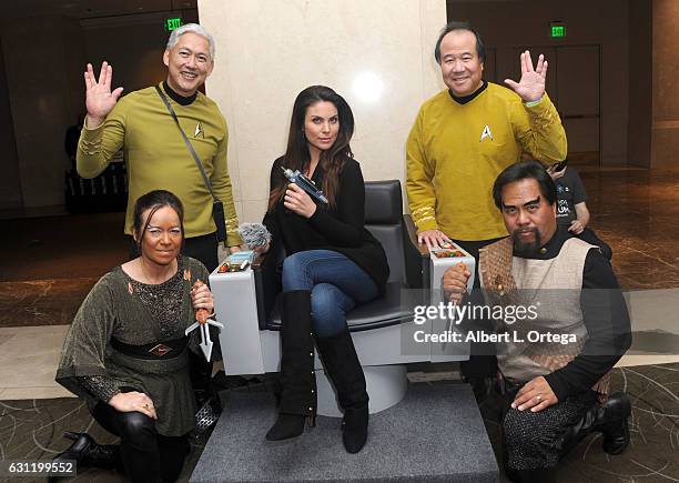 Actress Nadia Bjorlin with Star Trek cosplayers Michelle Wells, Mark Lum, David Cheng and Bill Arucan attend The Hollywood Show held at The Westin...