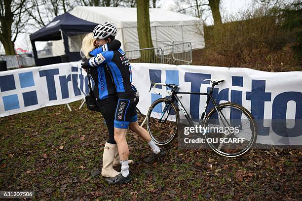 Rider Billy Harding receives a hug after winning the Under-23 Men's Championship on the second day of the 2017 British Cycling National Cyclo-Cross...