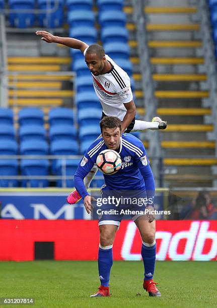 Rickie Lambert of Cardiff City is fouled by Denis Odoi of Fulham during the Emirates FA Cup Third Round between Cardiff City and Fulham at The...