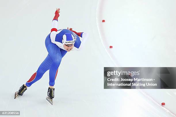 Olga Fatkulina of Russia competes in the Ladies 500m Sprint during day 3 of the European Speed Skating Championships at ice-rink Thialf on January 8,...