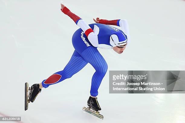 Olga Fatkulina of Russia competes in the Ladies 500m Sprint during day 3 of the European Speed Skating Championships at ice-rink Thialf on January 8,...