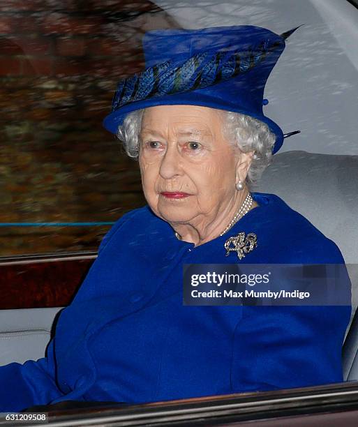 Queen Elizabeth II departs after attending the Sunday service at St Mary Magdalene Church, Sandringham on January 8, 2017 in King's Lynn, England....