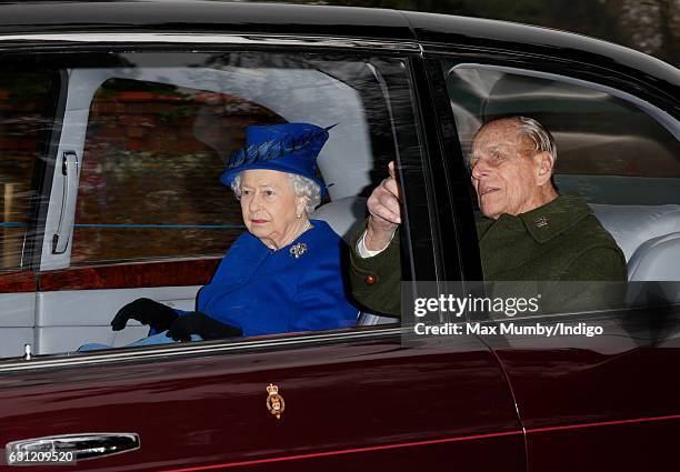 Queen Elizabeth II and Prince Philip, Duke of Edinburgh depart after attending the Sunday service at St Mary Magdalene Church, Sandringham on January...