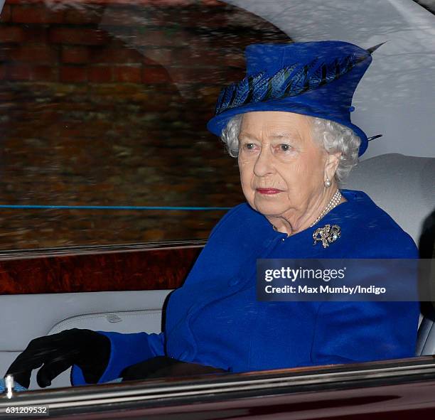 Queen Elizabeth II departs after attending the Sunday service at St Mary Magdalene Church, Sandringham on January 8, 2017 in King's Lynn, England....