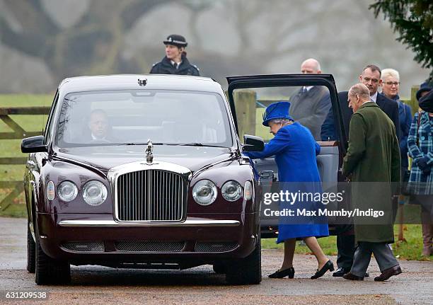 Queen Elizabeth II and Prince Philip, Duke of Edinburgh depart after attending the Sunday service at St Mary Magdalene Church, Sandringham on January...