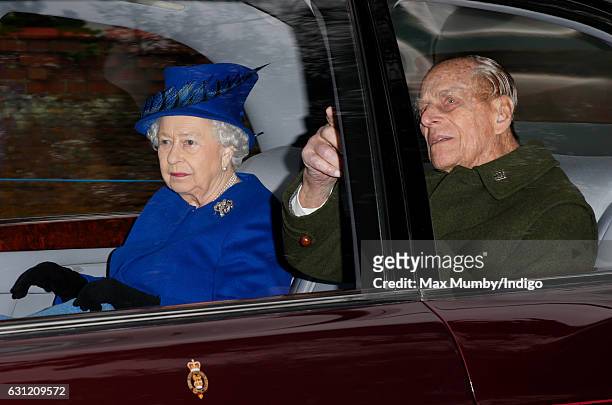 Queen Elizabeth II and Prince Philip, Duke of Edinburgh depart after attending the Sunday service at St Mary Magdalene Church, Sandringham on January...