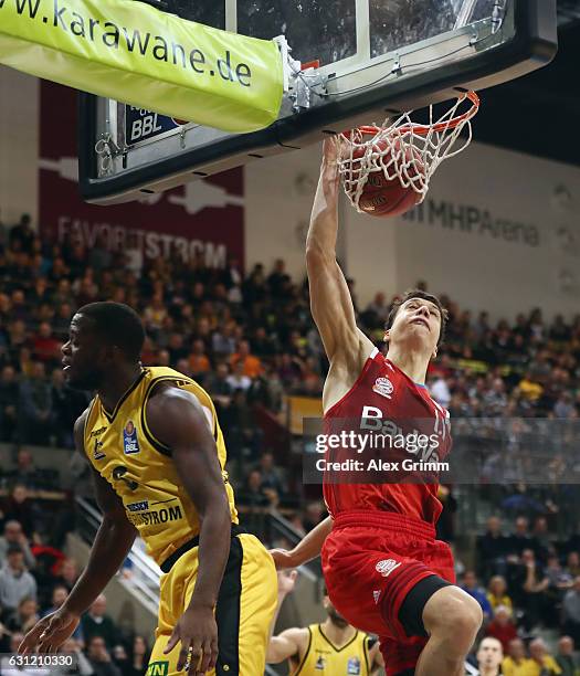 Vladimir Lucic of Muenchen makes a dunking during the easyCredit BBL match between MHP Riesen Ludwigsburg and FC Bayern Muenchen at MHP Arena on...