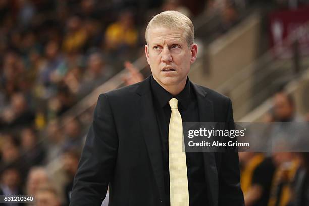 Head coach John Patrick of Ludwigsburg reacts during the easyCredit BBL match between MHP Riesen Ludwigsburg and FC Bayern Muenchen at MHP Arena on...