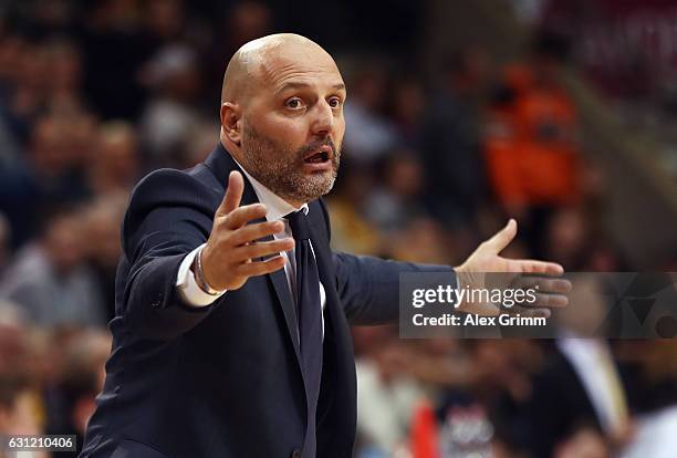 Head coach Sasa Obradovic of Muenchen reacts during the easyCredit BBL match between MHP Riesen Ludwigsburg and FC Bayern Muenchen at MHP Arena on...