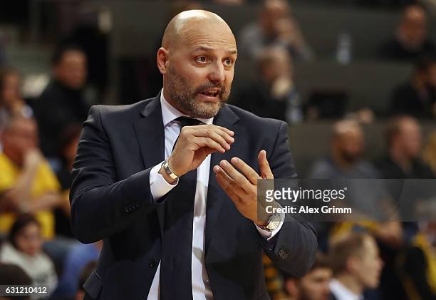 Head coach Sasa Obradovic of Muenchen reacts during the easyCredit BBL match between MHP Riesen Ludwigsburg and FC Bayern Muenchen at MHP Arena on...