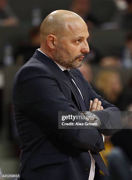 Head coach Sasa Obradovic of Muenchen reacts during the easyCredit BBL match between MHP Riesen Ludwigsburg and FC Bayern Muenchen at MHP Arena on...