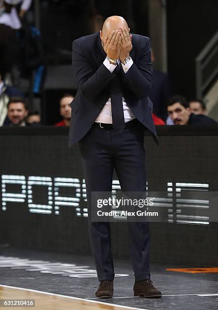 Head coach Sasa Obradovic of Muenchen reacts during the easyCredit BBL match between MHP Riesen Ludwigsburg and FC Bayern Muenchen at MHP Arena on...