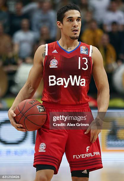 Nick Johnson of Muenchen controles the ball during the easyCredit BBL match between MHP Riesen Ludwigsburg and FC Bayern Muenchen at MHP Arena on...