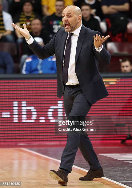 Head coach Sasa Obradovic of Muenchen reacts during the easyCredit BBL match between MHP Riesen Ludwigsburg and FC Bayern Muenchen at MHP Arena on...