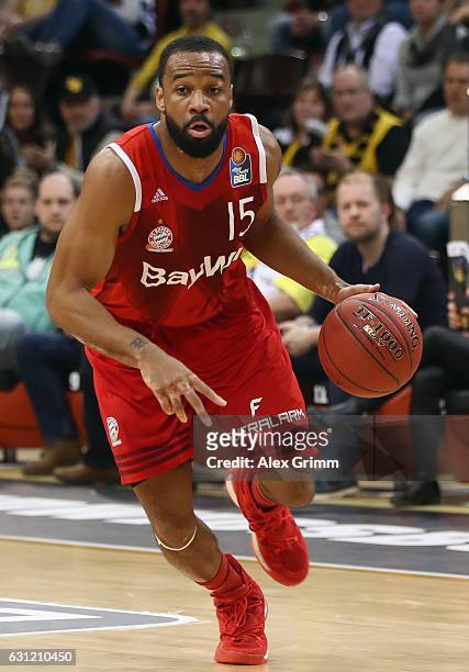 Reggie Redding of Muenchen controles the ball during the easyCredit BBL match between MHP Riesen Ludwigsburg and FC Bayern Muenchen at MHP Arena on...