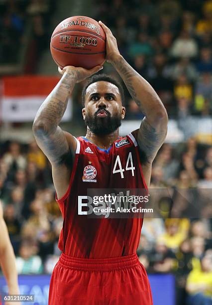 Bryce Taylor of Muenchen shoots a free throw during the easyCredit BBL match between MHP Riesen Ludwigsburg and FC Bayern Muenchen at MHP Arena on...