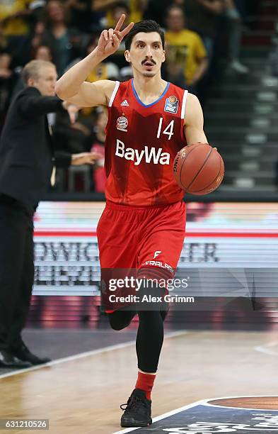 Nihad Dedovic of Muenchen controles the ball during the easyCredit BBL match between MHP Riesen Ludwigsburg and FC Bayern Muenchen at MHP Arena on...