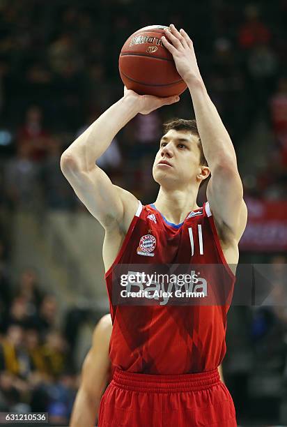 Vladimir Lucic of Muenchen shoots a free throw during the easyCredit BBL match between MHP Riesen Ludwigsburg and FC Bayern Muenchen at MHP Arena on...