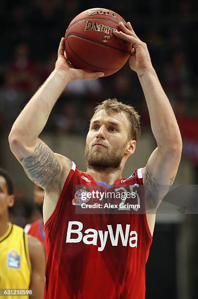 Anton Gavel of Muenchen shoots a free throw during the easyCredit BBL match between MHP Riesen Ludwigsburg and FC Bayern Muenchen at MHP Arena on...