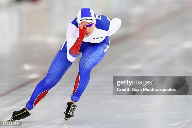 Olga Fatkulina of Russia competes in the 1000m Ladies Sprint Race on Day Three of the ISU European Speed Skating Championships held at the Thialf on...