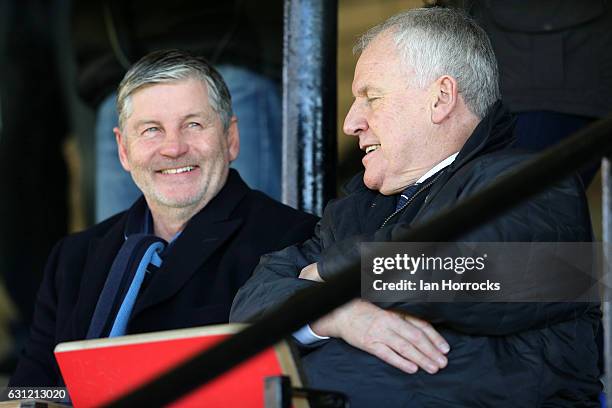 Sunderland assistant manager Paul Bracewell chats with ex-Everton manager Joe Royle during the Premier League 2 match between Sunderland and Everton...