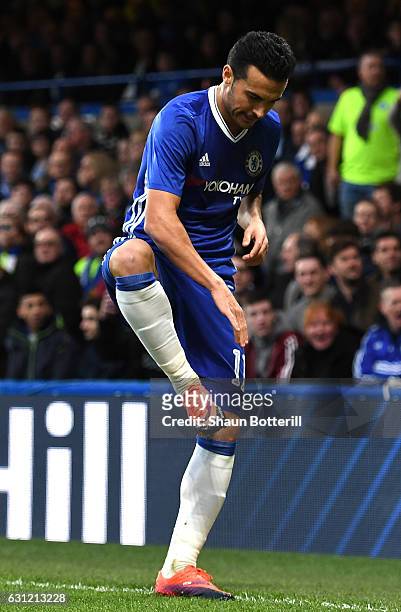 Pedro of Chelsea celebrates scoring his sides first goal during The Emirates FA Cup Third Round match between Chelsea and Peterborough United at...