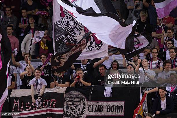 Fans of Telekom Baskets Bonn during the BBL Bundesliga match between Telekom Baskets Bonn and Brose Bamberg at Telekom Dome on January 8, 2017 in...